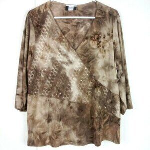 Studio 1940 Womens Tie Dye V Neck Blouse Sz Large Brown Sparkle Sequin Geometric
